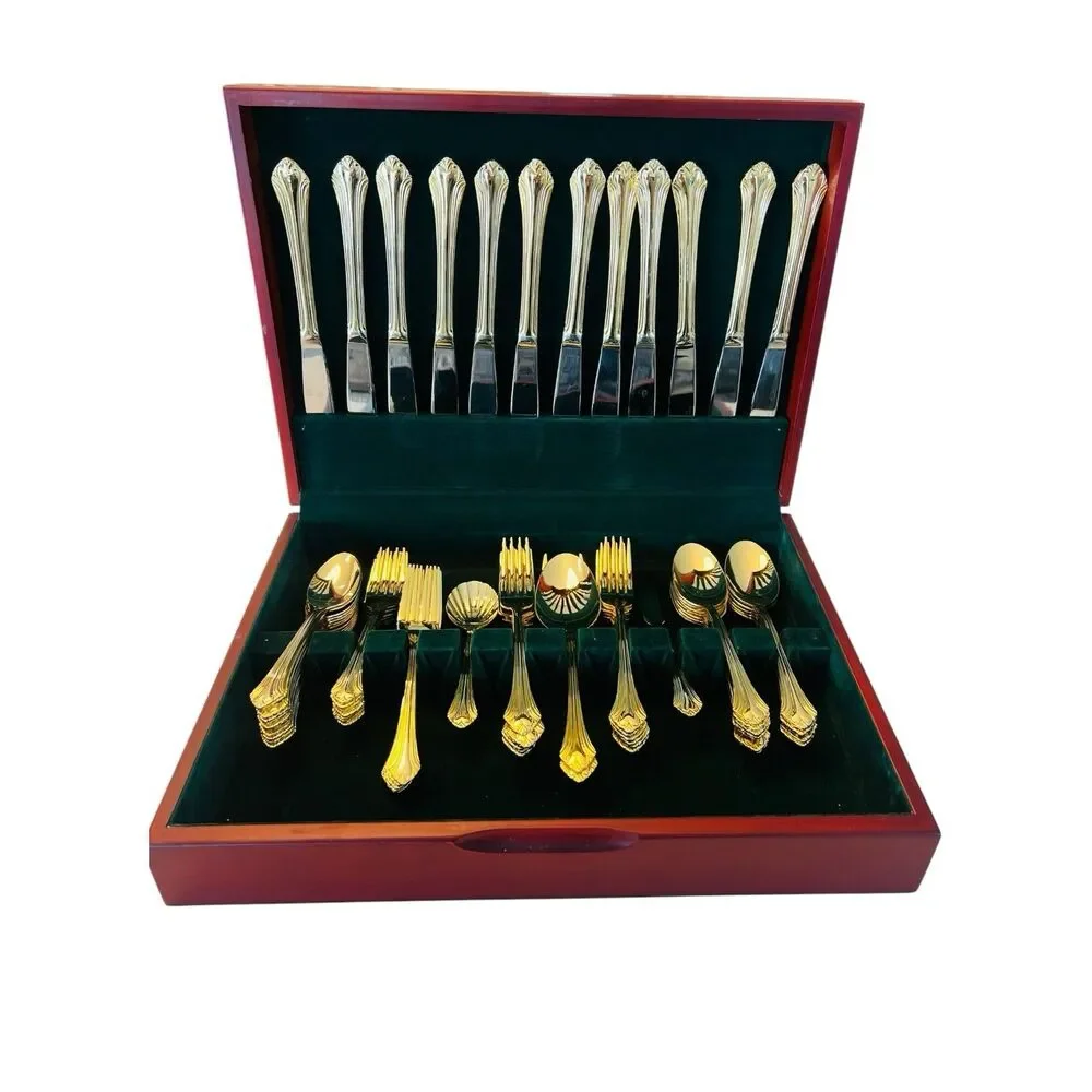 Cambridge Gold Plated Flatware Set 65 Pc Service for 12 Wood Chest Complete